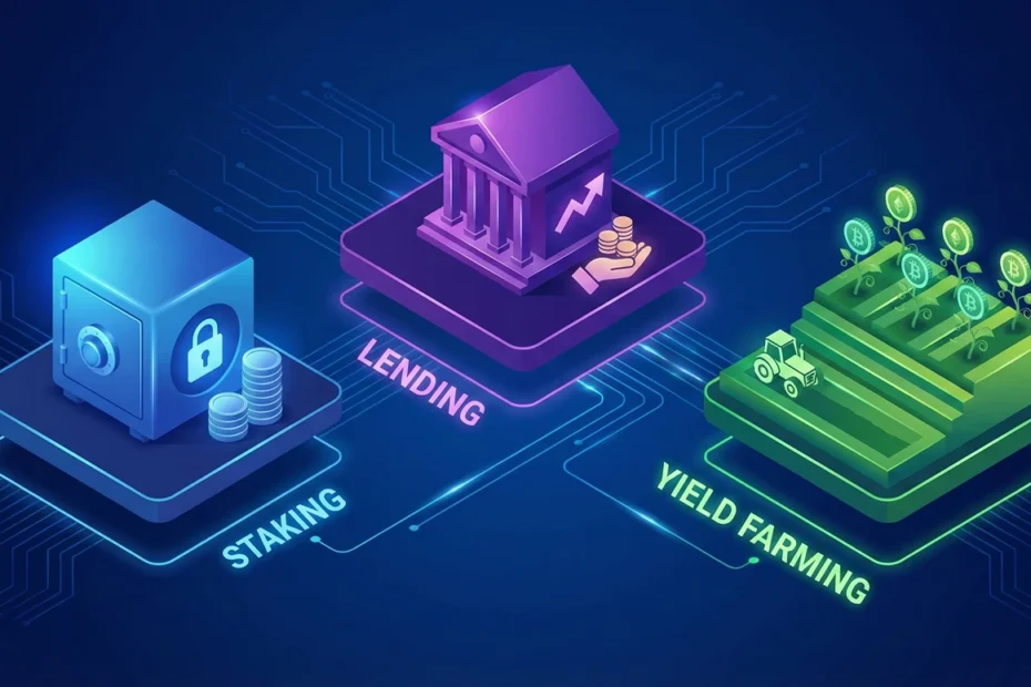 3D illustration comparing a secure vault for Staking, a bank for Lending, and a digital field for Yield Farming.