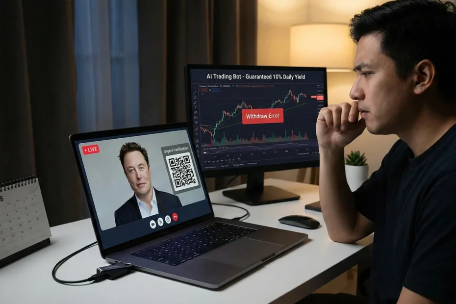 Man staring worriedly at a laptop showing a deepfake Elon Musk crypto scam livestream and a monitor displaying an AI trading bot withdrawal error.