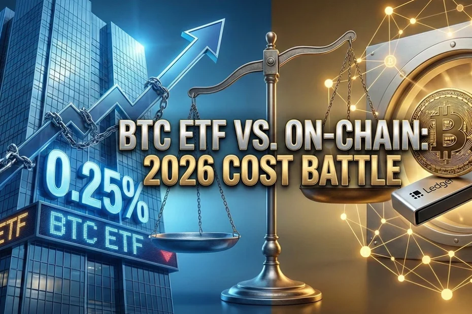 Split-screen illustration comparing Bitcoin investments. Left side shows a blue corporate building with "BTC ETF" and "0.25%" text. Right side shows a physical gold Bitcoin and a Ledger hardware wallet inside an open bank vault representing on-chain storage. A scale in the center balances both concepts with the title "BTC ETF VS. ON-CHAIN: 2026 COST BATTLE".