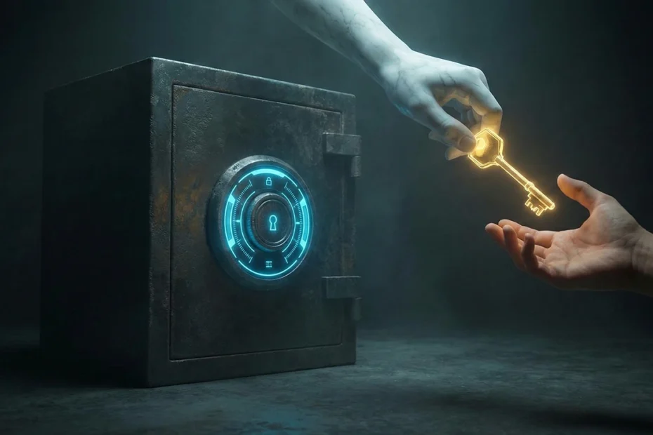 A marble statue hand passing a glowing digital golden key to a human hand in front of a dark, secure iron safe. Concept art symbolizing a secure crypto inheritance plan and the transfer of digital wealth.