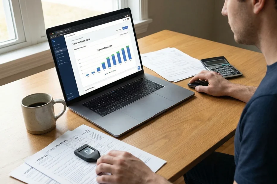 Crypto Taxes 2026 guide showing digital coins and IRS 1099-DA tax form