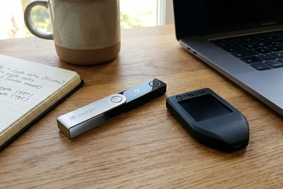 Ledger Nano X vs Trezor Safe 3 comparison showing hardware wallet devices side by side