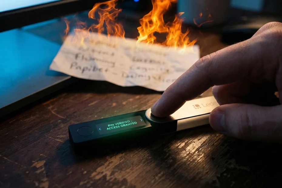 Hardware wallet display showing PIN Verified Access Granted while a lost recovery phrase paper burns in the background