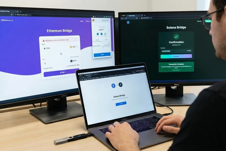 A person actively using a multi-monitor setup to bridge Ethereum (ETH) to Solana (SOL) using a decentralized bridge interface, with a hardware wallet connected for security. The screens show a low fee confirmation.