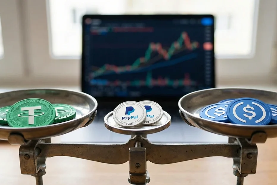 A photograph of physical Tether (USDT), USDC, and PayPal (PYUSD) coins balanced on a vintage metal scale, illustrating the search for the safest stablecoin