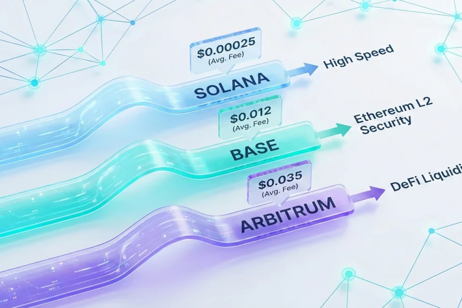 Comparison of Solana Formula 1 car vs Base bullet train vs Arbitrum tank representing crypto transaction speeds.