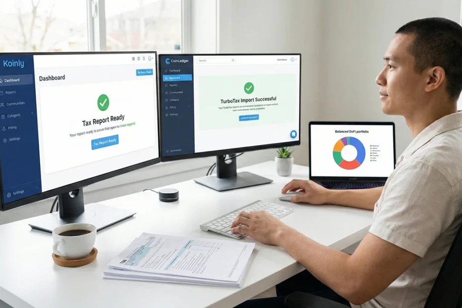 A side-by-side comparison of Koinly and CoinLedger dashboards on a dual-monitor setup. The Koinly screen shows a "Tax Report Ready" success message for a complex DeFi portfolio, while the CoinLedger screen shows a seamless TurboTax import confirmation. A user is calmly reviewing the data.